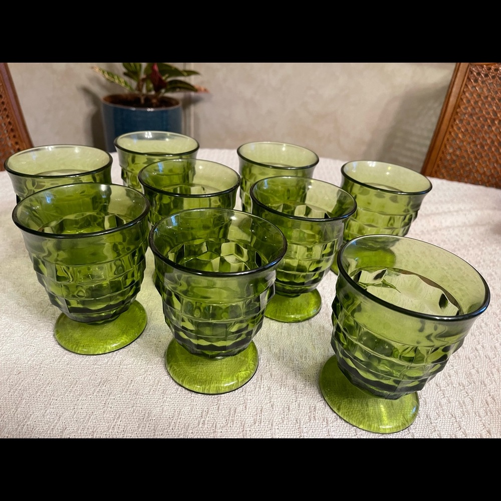 9 vintage Whitehall Indiana glass co., green juice cups